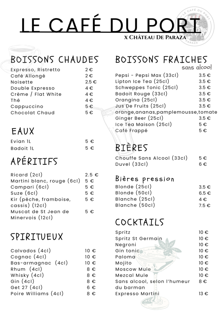 Carte des boissons restaurant au bord du Canal du Midi café du port château de paraza