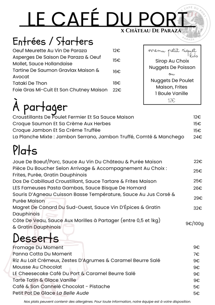 Menu 2026 restaurant au bord du Canal du Midi café du port château de paraza